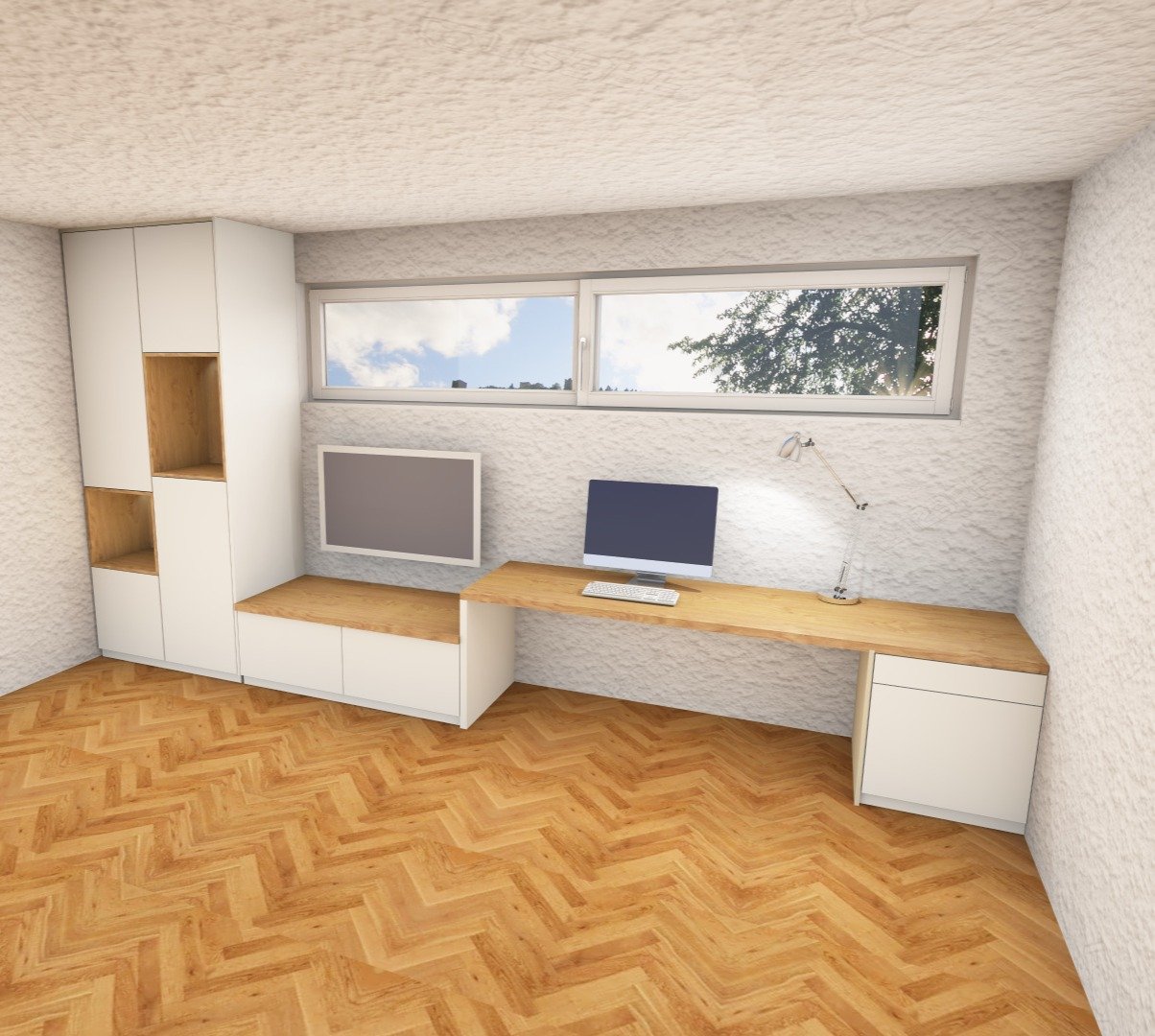 Visualisierung: Arbeitszimmer mit durchgehendem Schreibtisch unter einem Fensterband und hohen Schränken