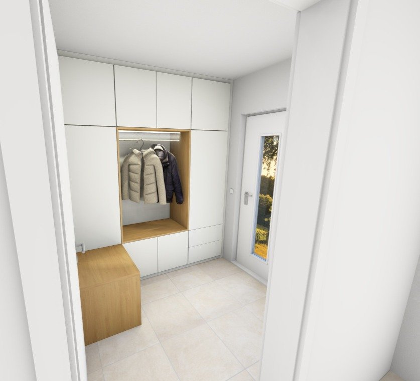 Visualisierung: weiße Garderobe mit Hochschränken und einer Holzbank in einer Nische