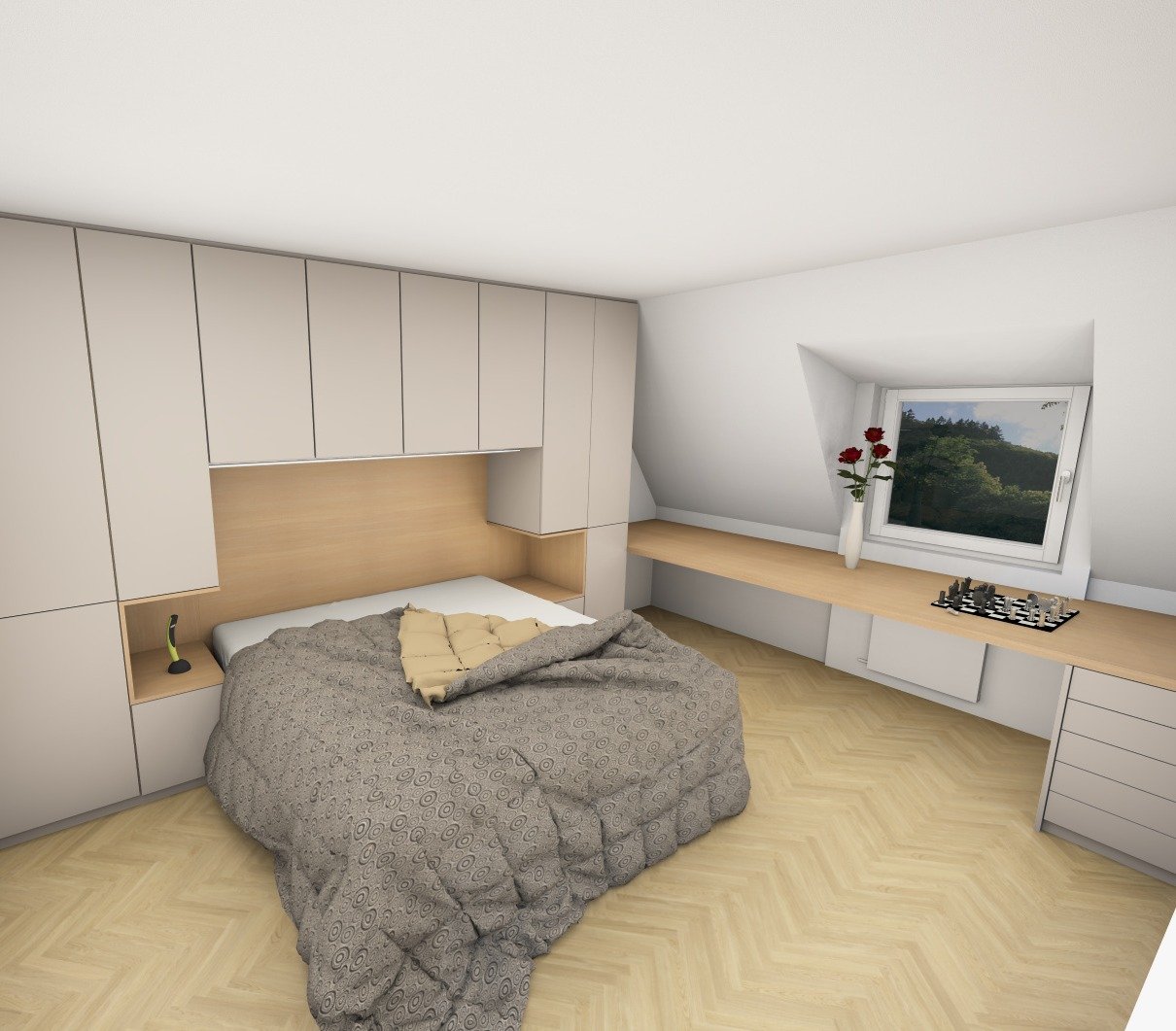 Visualisierung: weiße Schrankwand um ein Bett, daneben ein Schreibtisch unter der Dachschräge