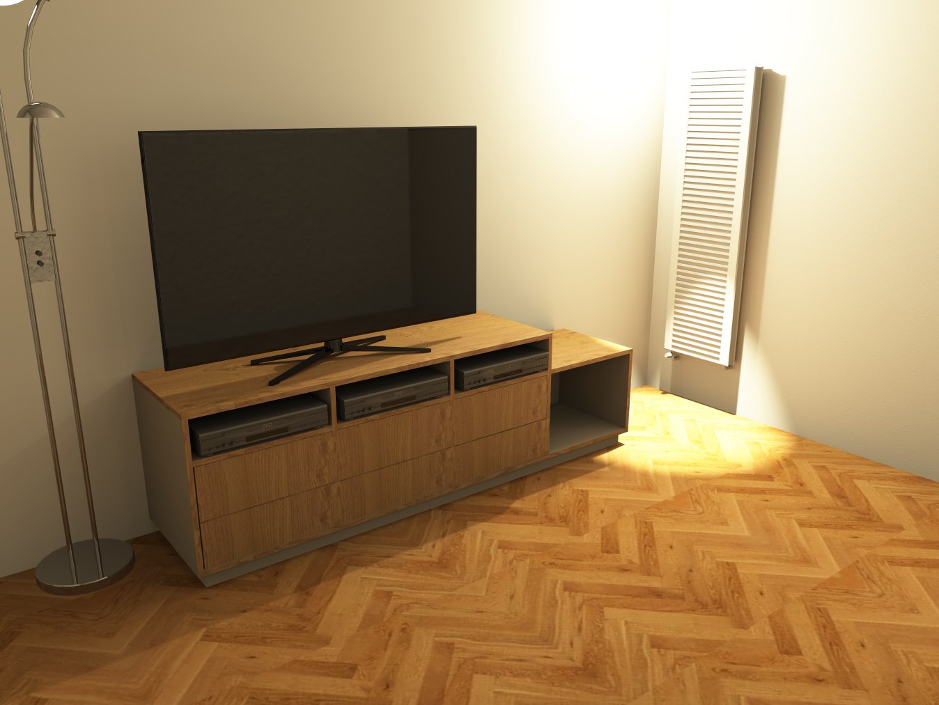 Visualisierung: niedriges TV-Möbel mit Holzfront unter einem Fernseher in einem Wohnraum
