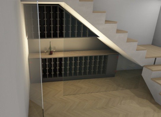 Visualisierung: dunkles Weinregal mit vielen Fächern unter einer Treppe