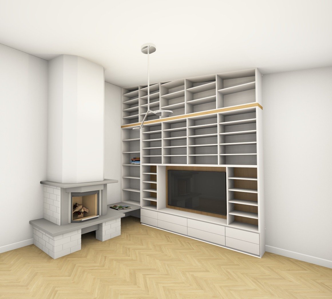 Visualisierung: weiße Regalwand mit Fernsehfach neben einem Kamin